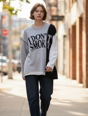 I DON'T SMOKE Colorblock Crewneck Sweater - Black & Gray